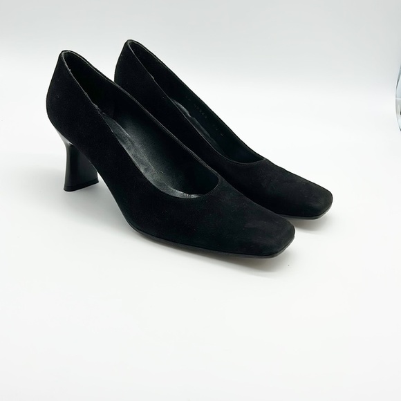 Stuart Weitzman Black Suede Heels Women's 7.5 B Patent Heel Square‎ Toe - Picture 1 of 9